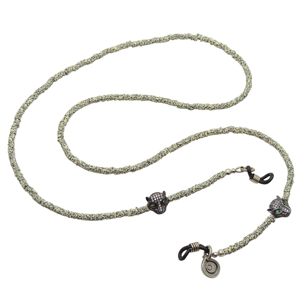 Dana Levy Diamante Panther Charm Animal Print Glasses Chain - Gunmetal Charm / Zebra Print Chain