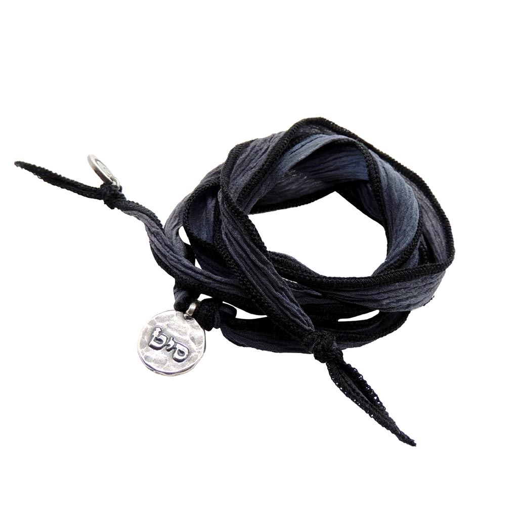 Dana Levy Kabbalah Blessing Charm Token Silk Cord Wrap Friendship Bracelet - Antique Silver Grey
