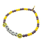 Dana Levy Two Tone Mini Personalised Name Alphabet Cube Glass Bead Bracelet - Happy /Yellow Black Smiley Charms/Dark Lilac/Yellow