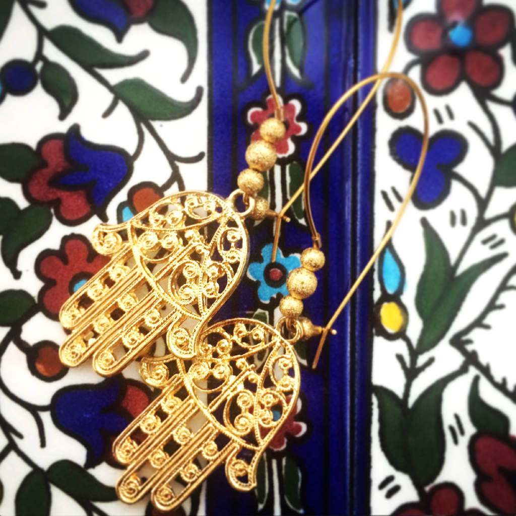 Dana Levy Filigree Hamsa Hand Hoop Earrings - Aramaic Ceramic Background