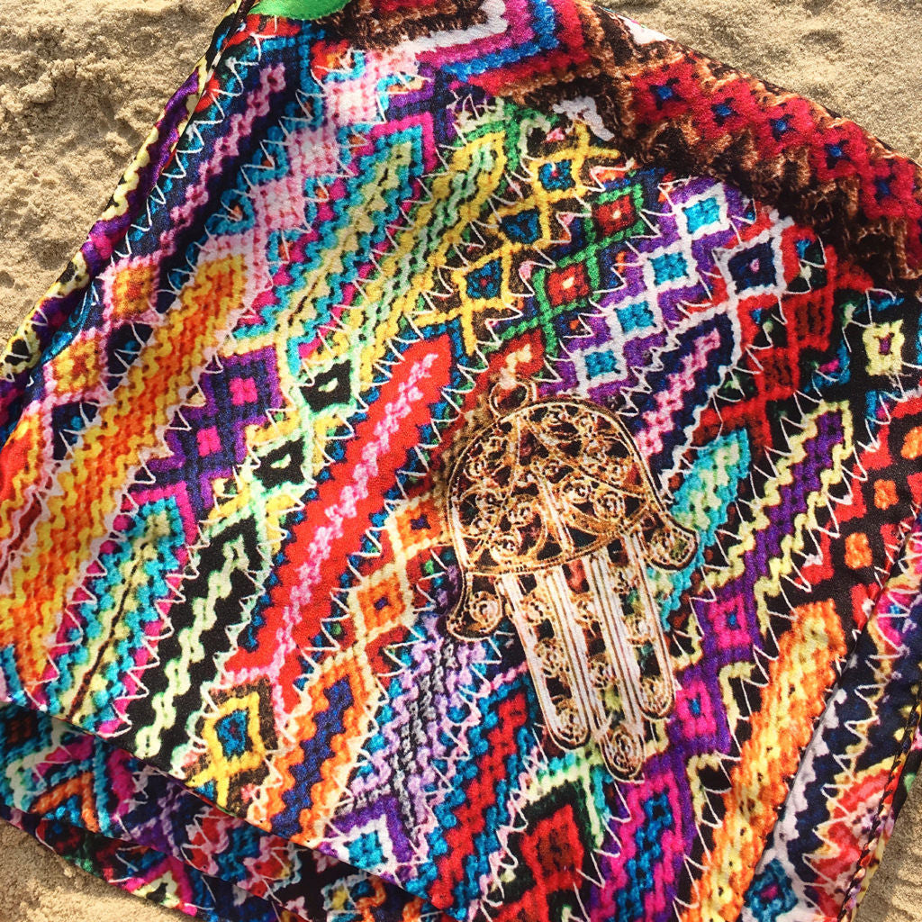 Dana Levy Lucky Charms Friendship Silk Scarf - Hamsa Hand Detail on Beach