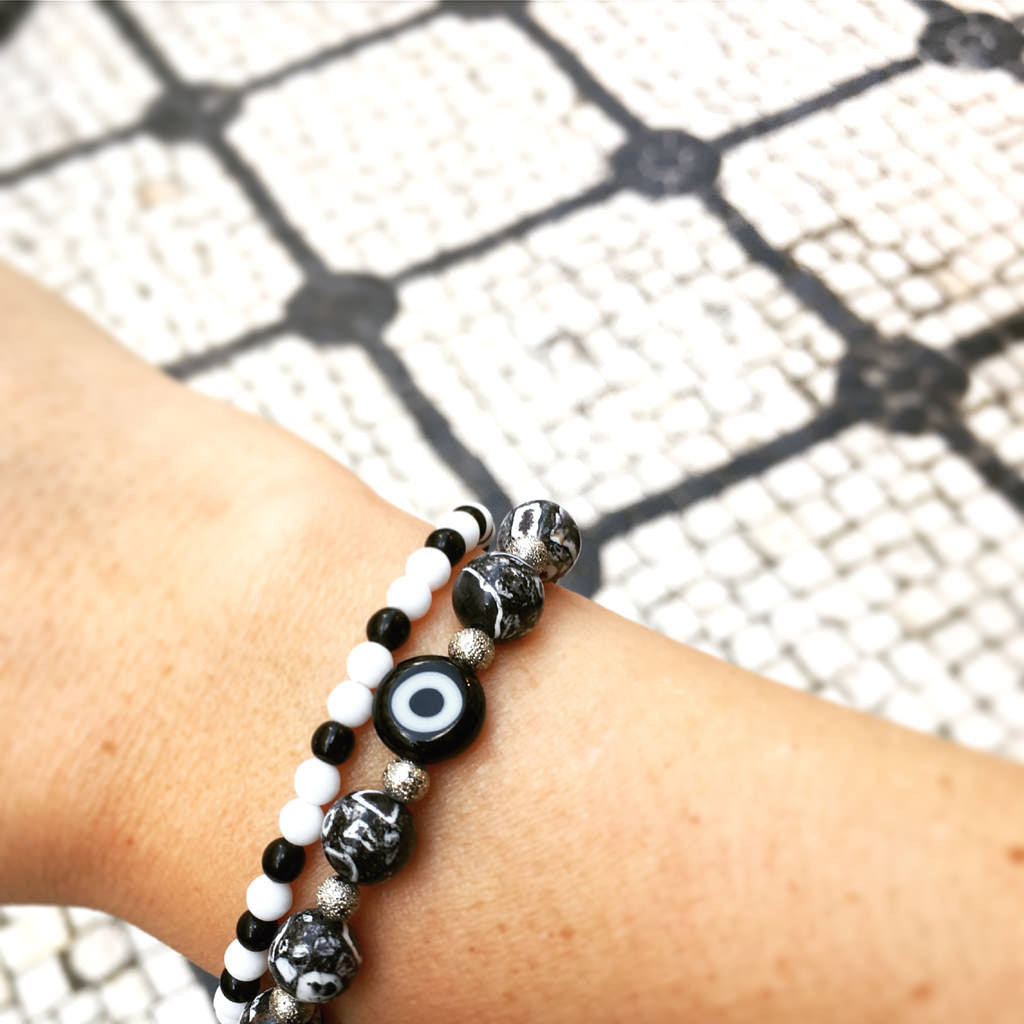 Dana Levy Love Morse Code Blessing Glass Bead Bracelet - Monochrome on Wrist