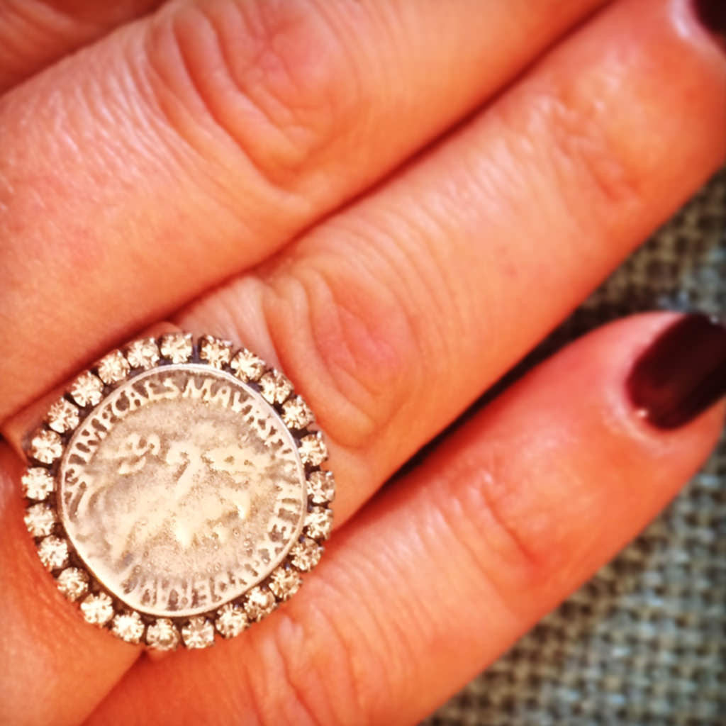 Dana Levy Diamante Ancient Roman Coin Ring - Antique Silver on Hand