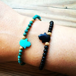 Dana Levy Semi Precious Hamsa Hand Charm Gemstone Bracelet - Turquoise and Black on Wrist