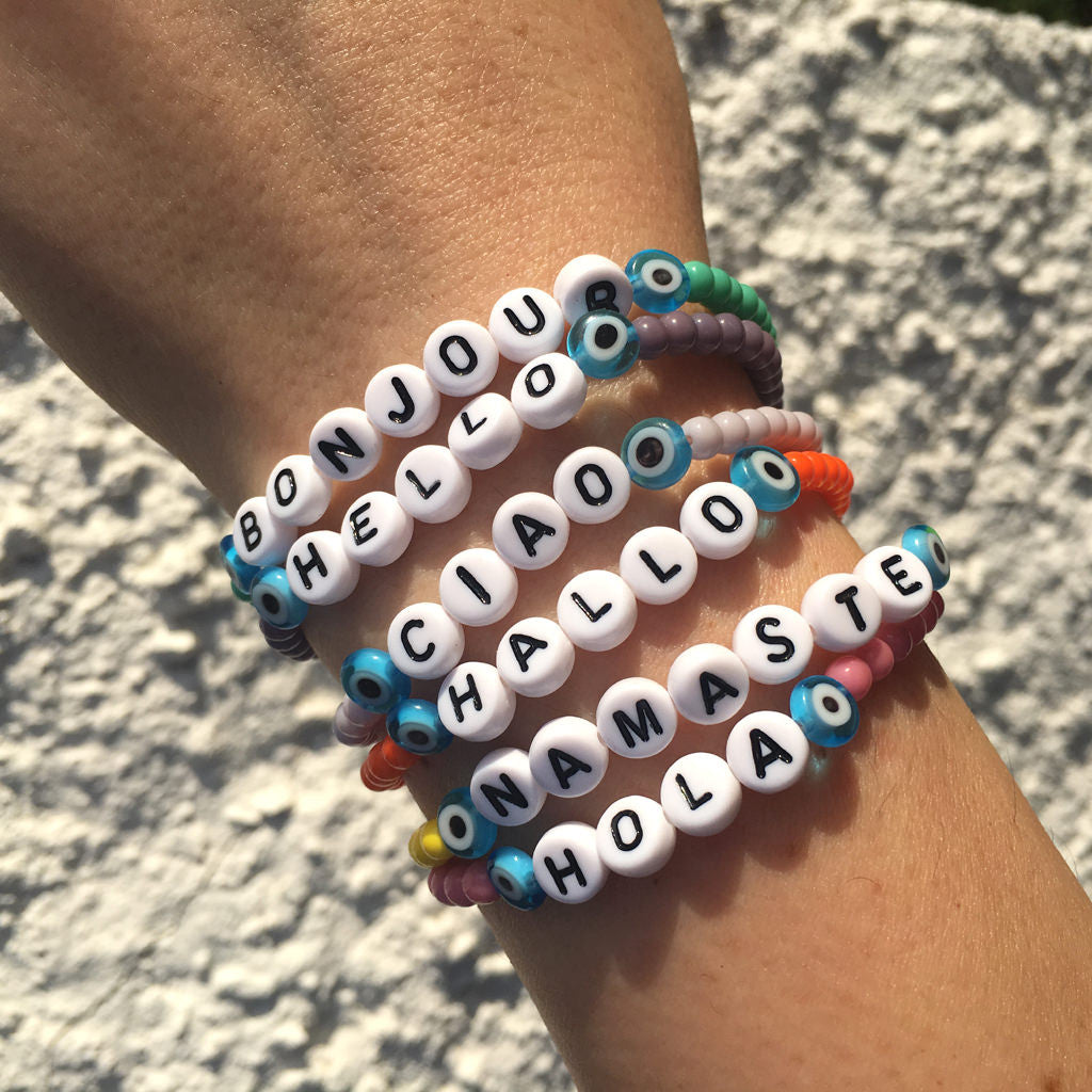 Dana Levy Hello English Greeting Glass Bead Bracelet - on wrist