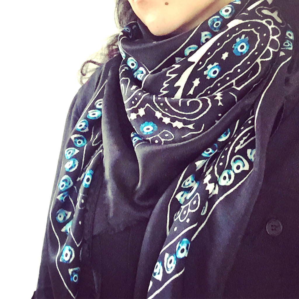 Dana Levy Evil Eye Bandana Silk Scarf - on Model