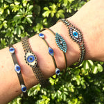 Dana Levy Mother of Pearl Evil Eye Trio Bangle - Antique Gold Mix on Wrist