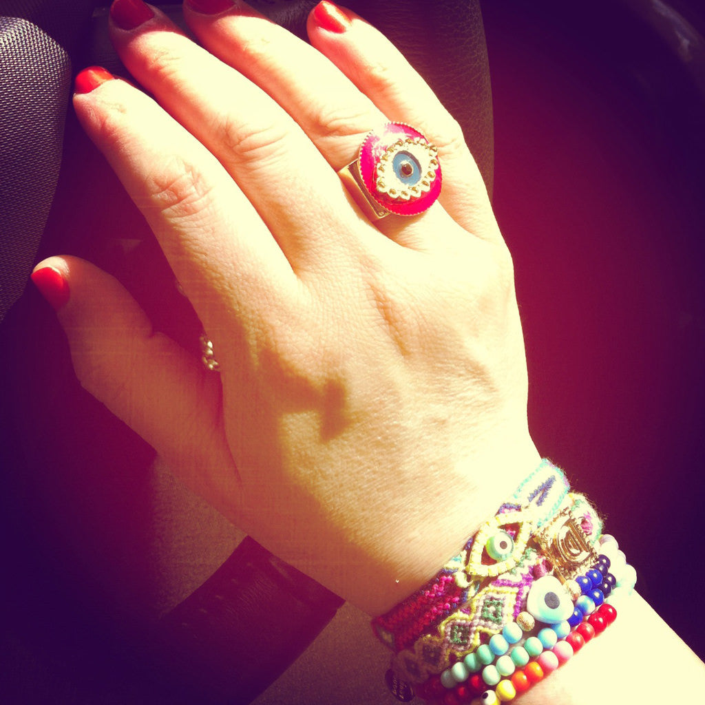 Dana Levy Neon Evil Eye Charm Ring - Neon Pink on Hand