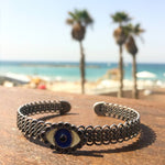Dana Levy enamel evil eye charm mesh cuff bracelet - Antique Silver on Beach 