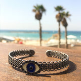 Dana Levy enamel evil eye charm mesh cuff bracelet - Antique Silver on Beach 