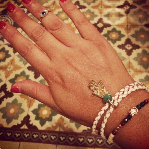 Dana Levy Solid Mini Hamsa Hand Charm Glass Bead Mix Bracelet with Leather Braid Bracelet