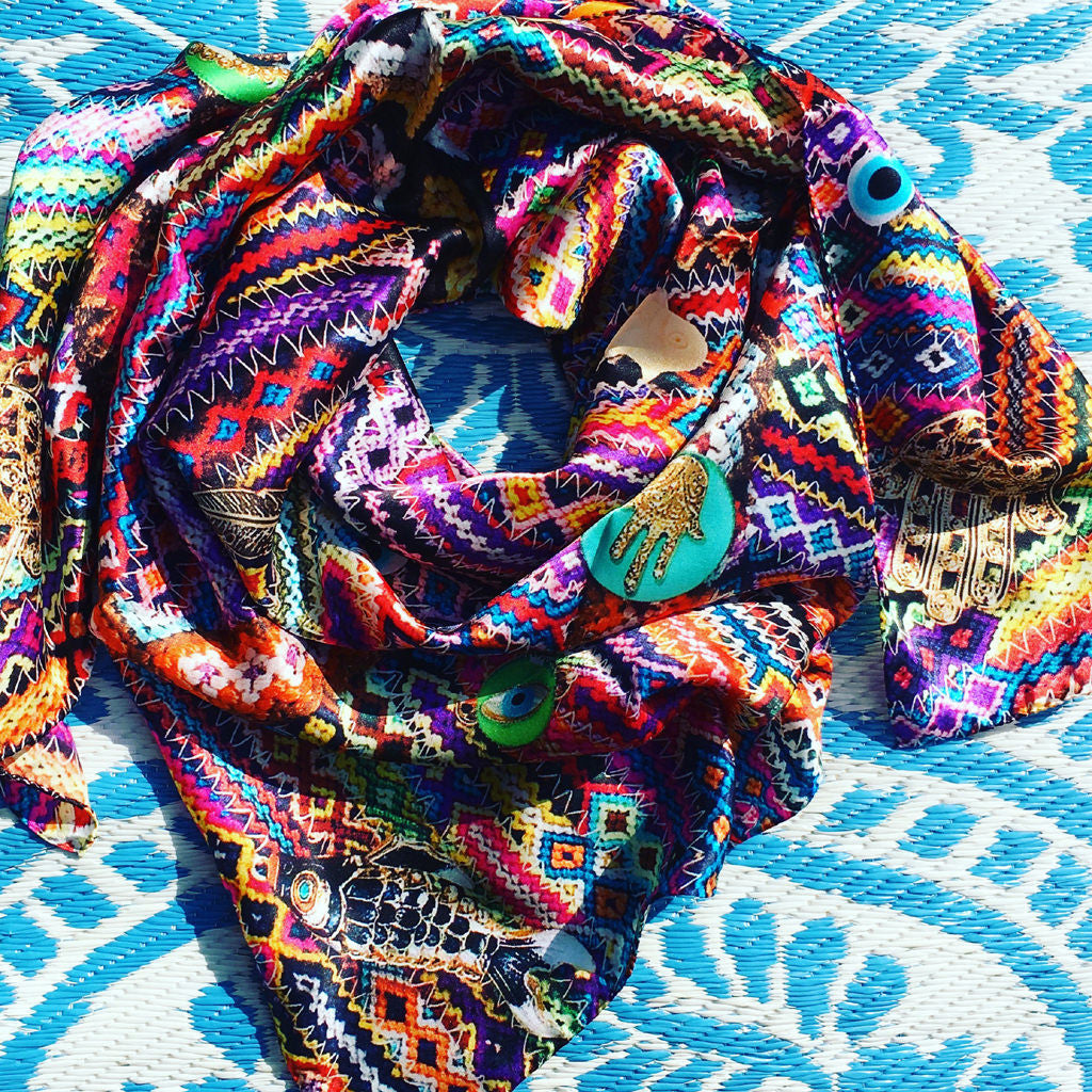 Dana Levy Lucky Charms Friendship Silk Scarf - on Blue Floral Mat