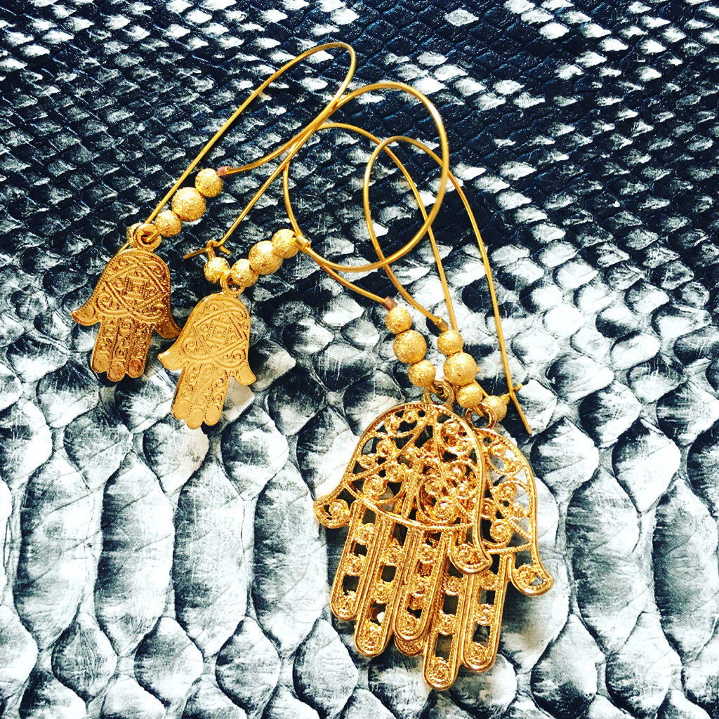 Dana Levy Filigree Hamsa Hand Hoop Earrings - Snakeskin Background 