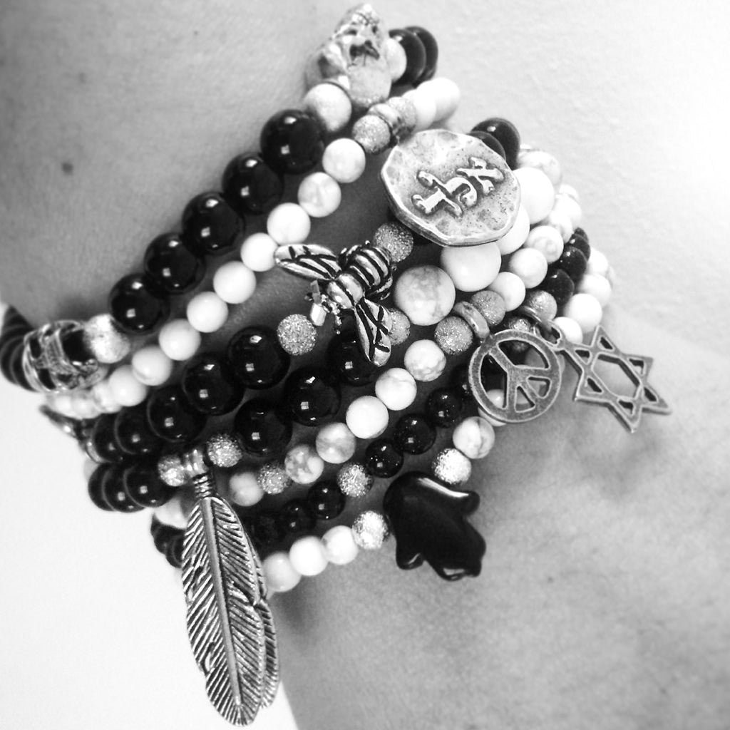 Dana Levy Peace Symbol Charm Gemstone Bracelet - Monochrome Mix on Wrist