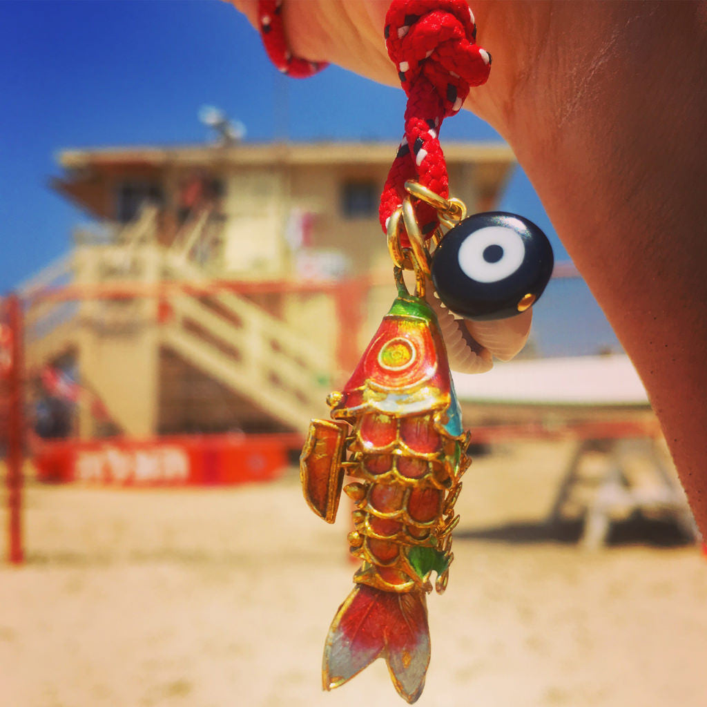 Dana Levy Limited Edition Cloisonné Fish Charm Trio Cord Necklace - Red Necklace on Beach