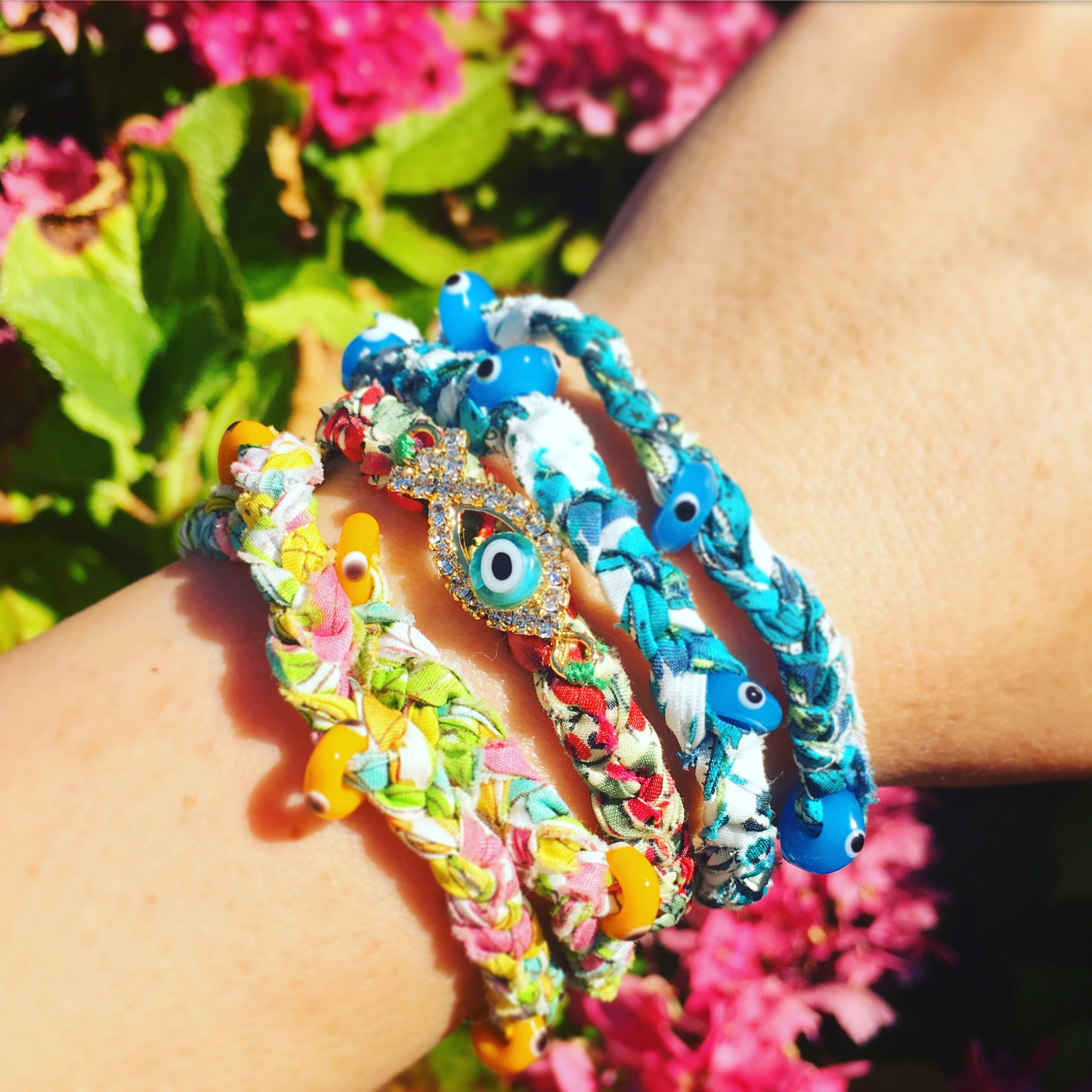 Dana Levy Liberty Print Evil Eye Double Wrap Braid Bracelet - Liberty Floral Mix on Wrist