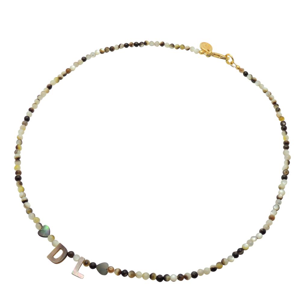Dana Levy Black Lip Shell Initial Alphabet Charm Beaded Necklace - 2 Letters with Heart Charms