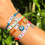 Dana Levy Personalised Name Alphabet Cube Charm Satin Cord Bracelet - The Future is Bright Wrist Stack