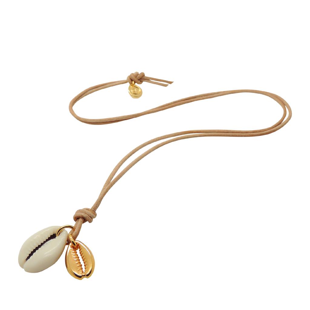 Dana Levy Long Cowrie Shell Charm Duo Leather Cord Necklace - Natural Cord