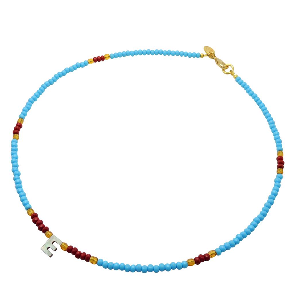 Dana Levy Black Lip Shell Initial Alphabet Charm Glass Bead Mix Necklace - Letter E / Turquoise / Burnt Sienna / Dark Orange 