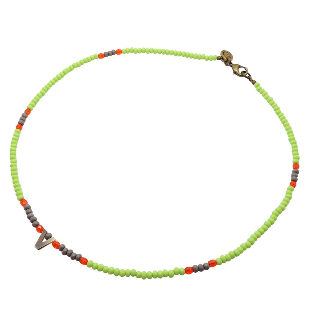 Dana Levy Black Lip Shell Initial Alphabet Charm Glass Bead Mix Necklace - Letter V / Pistachio / Dark Grey / Sun Orange