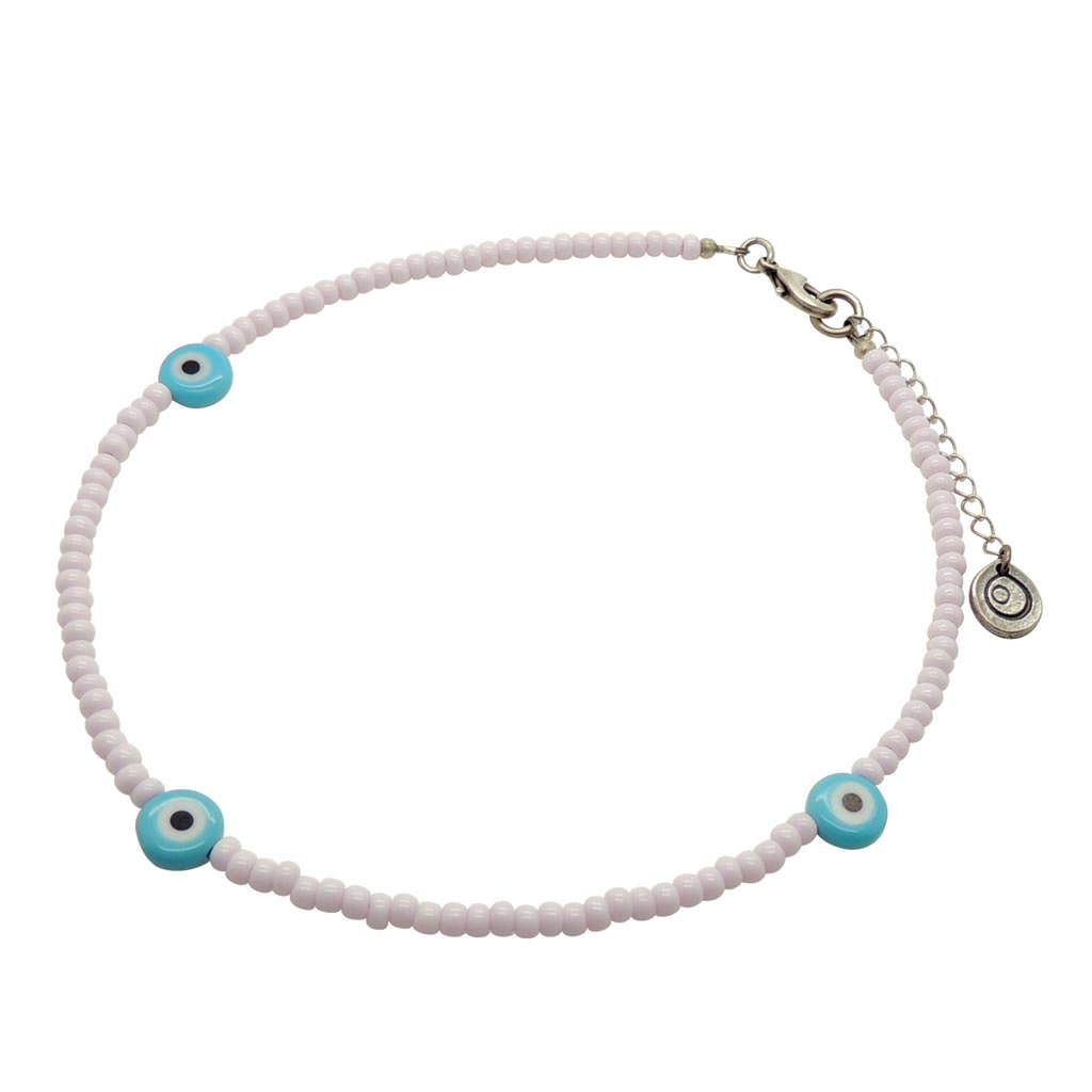 Dana Levy Evil Eye Charm Glass Bead Choker - Opaque Turquoise Evil Eye Charms /Baby Pink Glass Beads