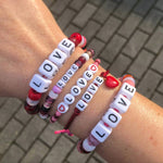Dana Levy Personalised Name Alphabet Cube Charm Satin Cord Bracelet - Love Red Wrist Stack