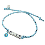Dana Levy Personalised Alef Bet Hebrew Name Lucky Charm Nautical Cord Bracelet - Shalom Light Blue Turquoise Evil Eye