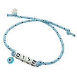 Dana Levy Personalised Alef Bet Hebrew Name Lucky Charm Nautical Cord Bracelet - Shalom Light Blue Turquoise Evil Eye