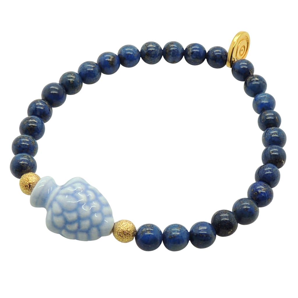 Dana Levy Sicilian Pine Cone Charm Gemstone Bead Bracelet - Light Blue Charm on Lapis Lazuli 
