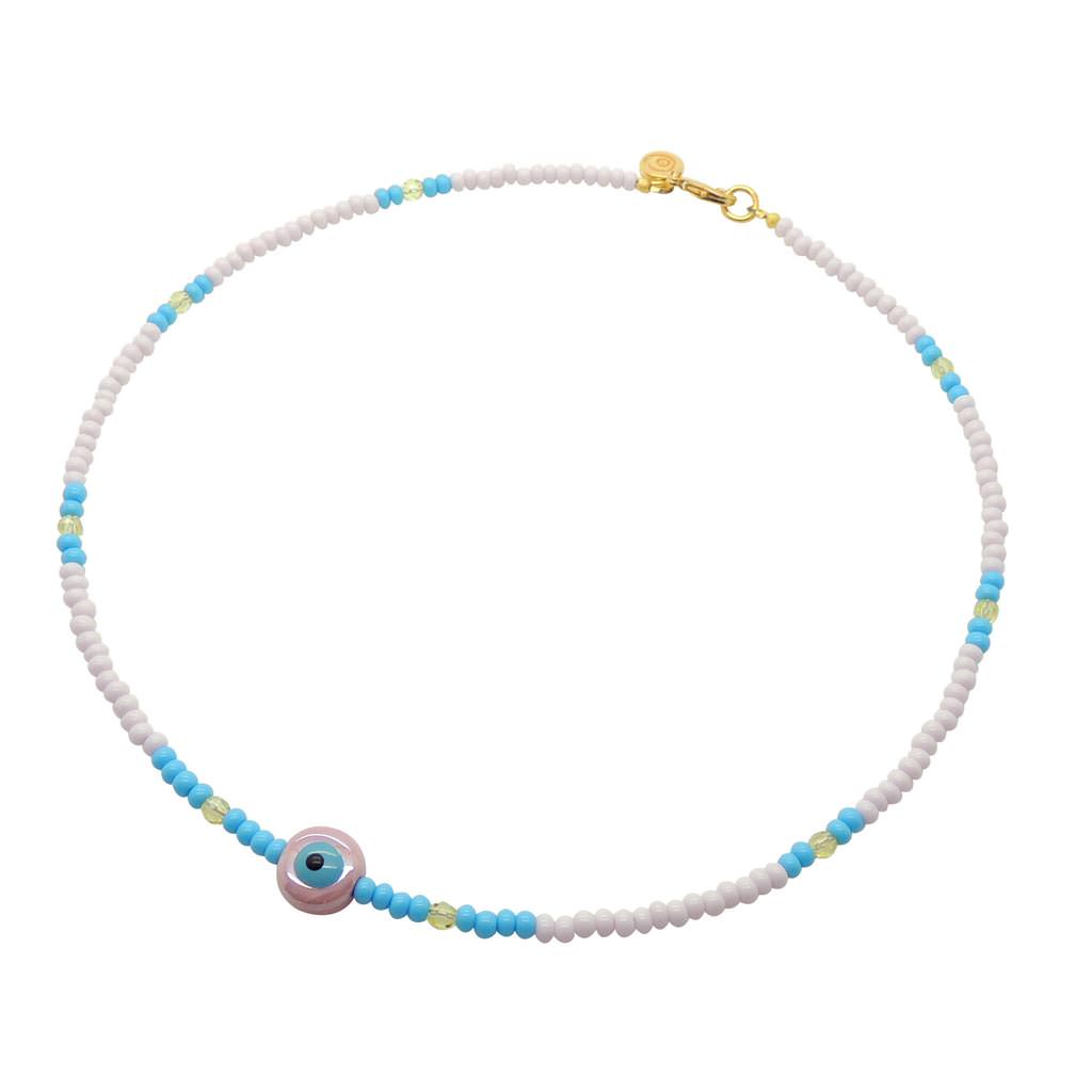 Dana Levy Ceramic Evil Eye Charm Glass Bead Mix Necklace - Pearl Pink Eye /Baby Pink-Turquoise-Light Yellow