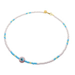 Dana Levy Ceramic Evil Eye Charm Glass Bead Mix Necklace - Pearl Pink Eye /Baby Pink-Turquoise-Light Yellow