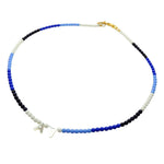 Dana Levy Mother of Pearl Shell Alphabet Duo Ombre Czech Glass Bead Necklace - Letters AV, White/Cornflower Blue/Royal Blue/Navy Blue, Gold Plate
