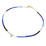 Dana Levy Mother of Pearl Shell Alphabet Duo Ombre Czech Glass Bead Necklace - Letters AV, White/Cornflower Blue/Royal Blue/Navy Blue, Gold Plate