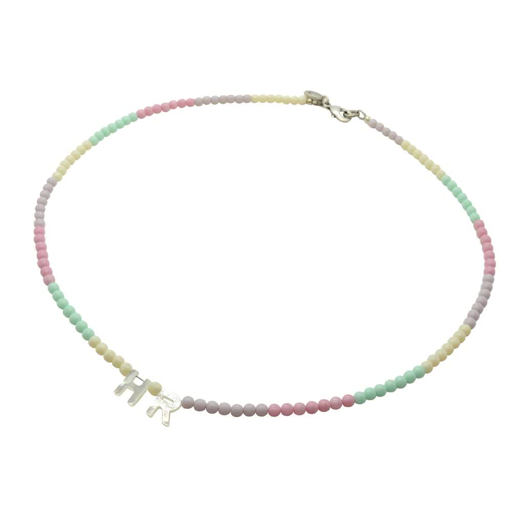 Dana Levy Mother of Pearl Shell Alphabet Duo Ombre Czech Glass Bead Necklace - Letters HR, Ivory/Lilac/Pink/Mint, Antique Silver