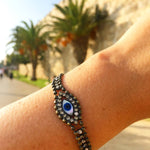 Dana Levy Mother of Pearl Evil Eye Swarovski Crystal Ball Chain Bracelet - Antique Gold Wrist Jerusalem