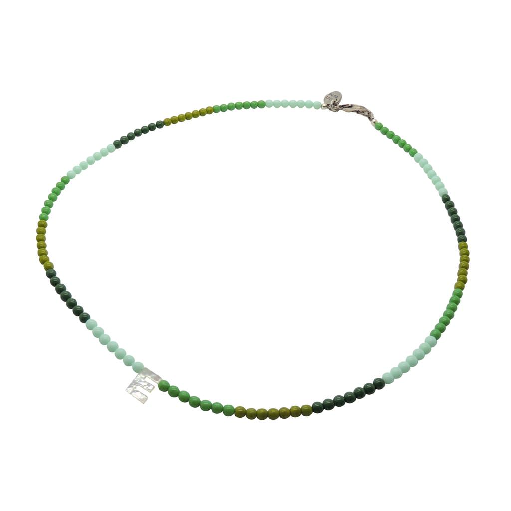 Dana Levy Mother of Pearl Shell Alphabet Letter Charm Ombre Czech Glass Bead Necklace - Letter E Mint/Apple Green/Olive/Forest Green Mix Antique Silver Plate 