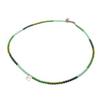 Dana Levy Mother of Pearl Shell Alphabet Letter Charm Ombre Czech Glass Bead Necklace - Letter E with Mint/Apple Green/Olive/Forest Green Mix and an Antique Silver Plate Clasp. 