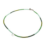 Dana Levy Mother of Pearl Shell Alphabet Letter Charm Ombre Czech Glass Bead Necklace - Letter E with Mint/Apple Green/Olive/Forest Green Mix and an Antique Silver Plate Clasp. 