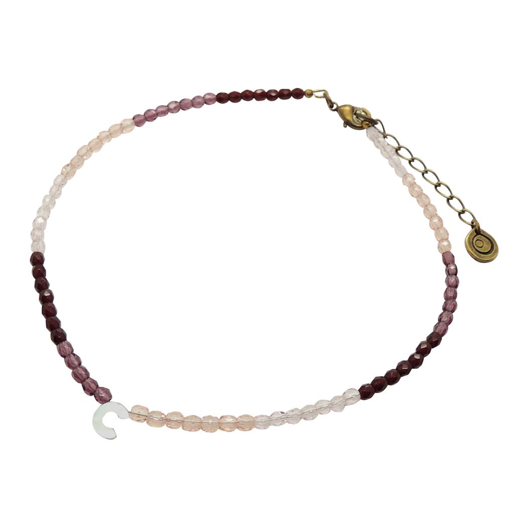 Dana Levy Mother of Pearl Shell Alphabet Letter Charm Ombre Faceted Glass Bead Choker - Letter C Ruby Red/Amethyst Purple/Dark Rose/Light Rose Antique Gold
