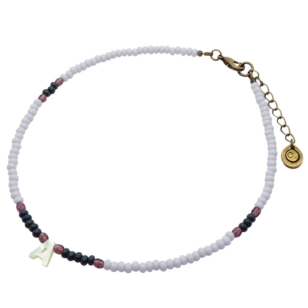 Dana Levy Mother of Pearl Shell Initial Alphabet Letter Charm Glass Bead Mix Choker - A / Baby Lilac / Forest Green / Amethyst