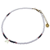 Dana Levy Mother of Pearl Shell Initial Alphabet Letter Charm Glass Bead Mix Choker - A / Baby Lilac / Forest Green / Amethyst