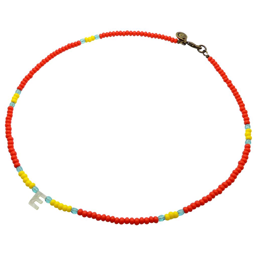 Dana Levy Mother of Pearl Shell Initial Alphabet Charm Glass Bead Mix Necklace - Letter E / Coral Red / Sunshine Yellow / Sky Blue