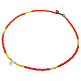 Dana Levy Mother of Pearl Shell Initial Alphabet Charm Glass Bead Mix Necklace - Letter E / Coral Red / Sunshine Yellow / Sky Blue