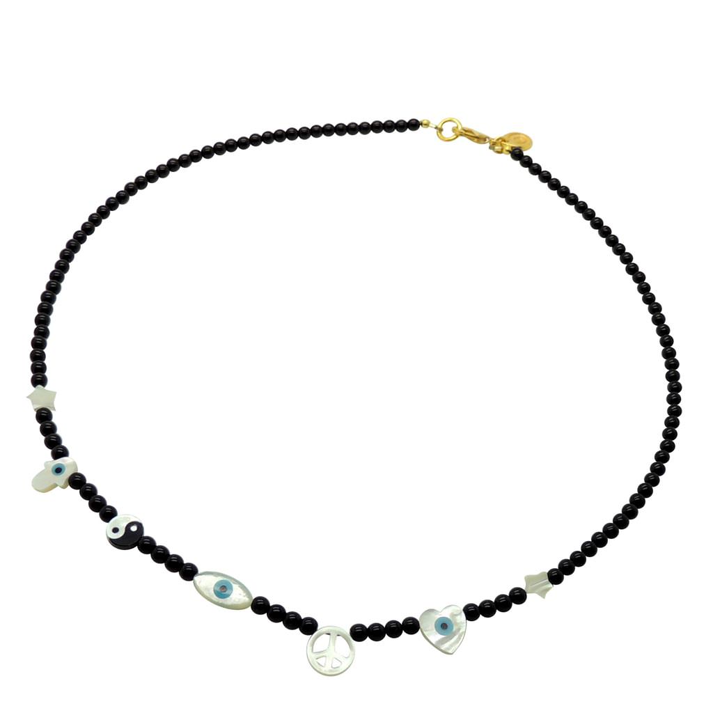 Dana Levy Mother of Pearl Symboleyes Glass Bead Necklace - Black Glass Beads