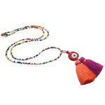 Dana Levy Multicolour Evil Eye Nugget Charm Tassel Duo Balagan Glass Bead Necklace - Opaque Red Eye / Coral Magenta Tassel Duo 