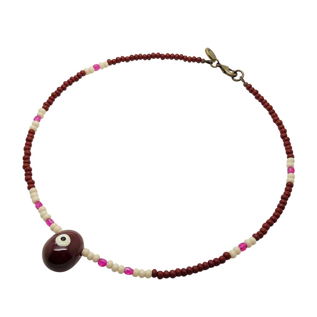 Dana Levy Ceramic Evil Eye Egg Charm Glass Bead Mix Necklace - Bordeaux Red Egg / Burnt Sienna / Magnolia / Fuchsia Pink 