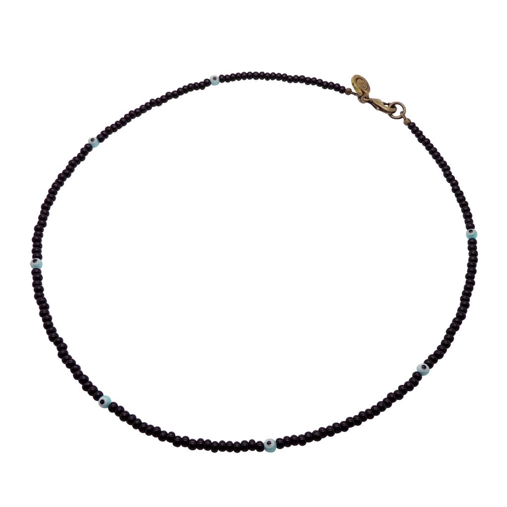 Dana Levy Mini Evil Eye Charm Glass Bead Necklace - Turquoise Evil Eye Black Rocaille Beads