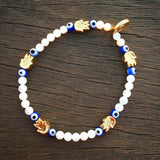 Dana Levy Solid Mini Hamsa Hand Evil Eye Charm Gemstone Bracelet - Gold Mother of Pearl Royal Blue Eye 