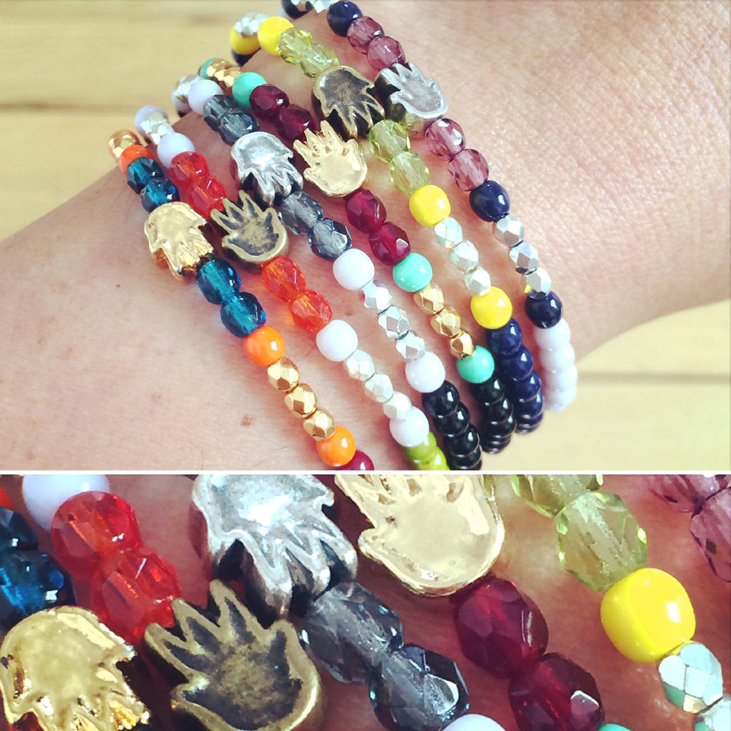 Dana Levy Solid Mini Hamsa Hand Charm Glass Bead Mix Bracelet - on wrist and detail